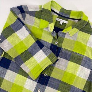 Foxcroft Button-Up Top Plaid 3/4 Sleeve Cotton Shirt Womens‎ Green Blue Size 10P